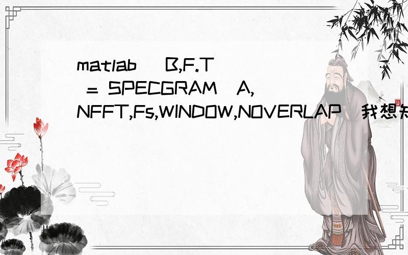 matlab [B,F.T] = SPECGRAM(A,NFFT,Fs,WINDOW,NOVERLAP)我想知道这个B到底是代表什么直接输SPECGRAM(A,NFFT,Fs,WINDOW,NOVERLAP)是输出语谱图,下面是help 的结果 ,无奈英语看不懂SPECGRAM Spectrogram using a Short-Time Fourier T