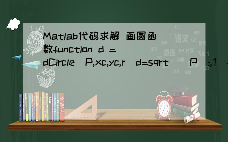 Matlab代码求解 画圆函数function d = dCircle(P,xc,yc,r)d=sqrt((P(:,1)-xc).^2+(P(:,2)-yc).^2)-r;d=[d,d];这是一个画圆的函数,其中P是点集合,xc yc代表圆心的横纵坐标,r是圆的半径.请问这几行代码原理是什么?就