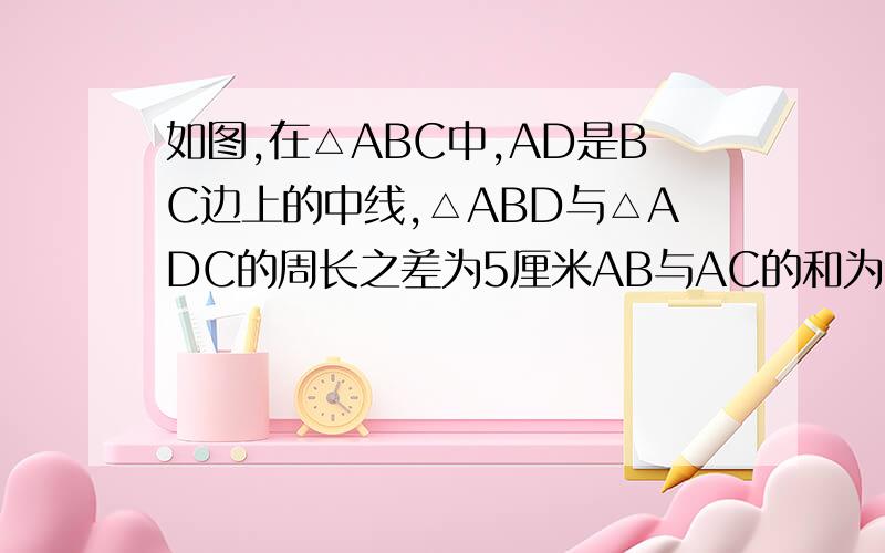 如图,在△ABC中,AD是BC边上的中线,△ABD与△ADC的周长之差为5厘米AB与AC的和为19厘米（AB＞AC）,求AB、AC的长